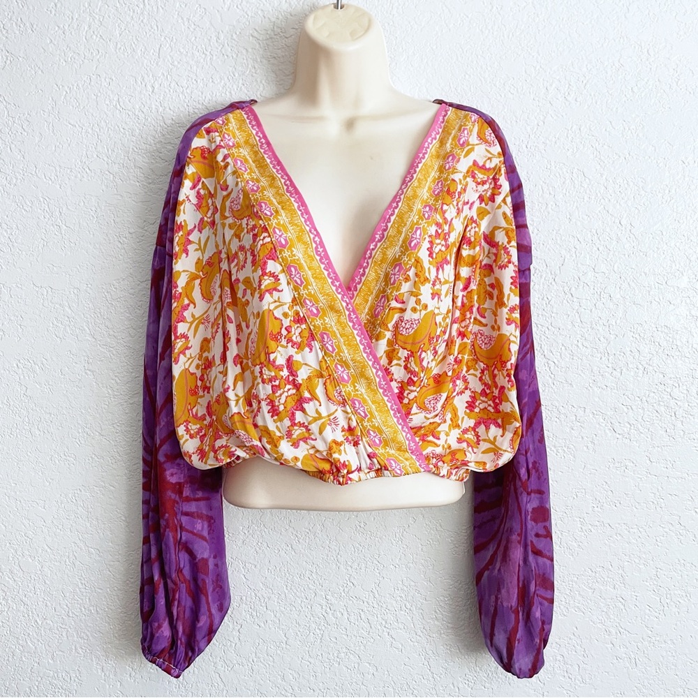 Free People Boho Cruisin Together Print Faux Wrap Top XS Wildberry Tie Dye